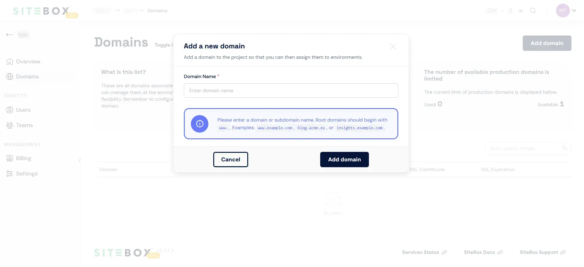Add domain form