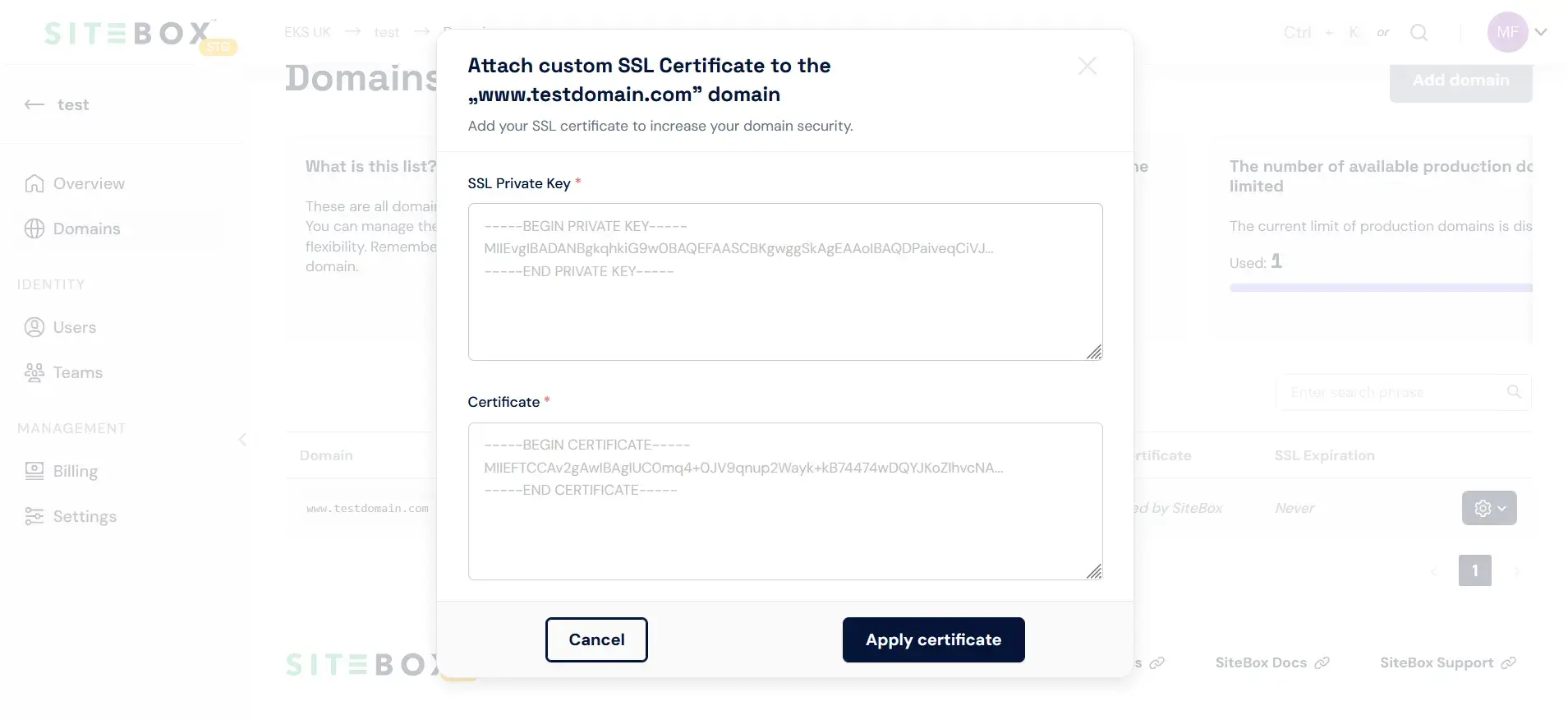 SSL certificate form