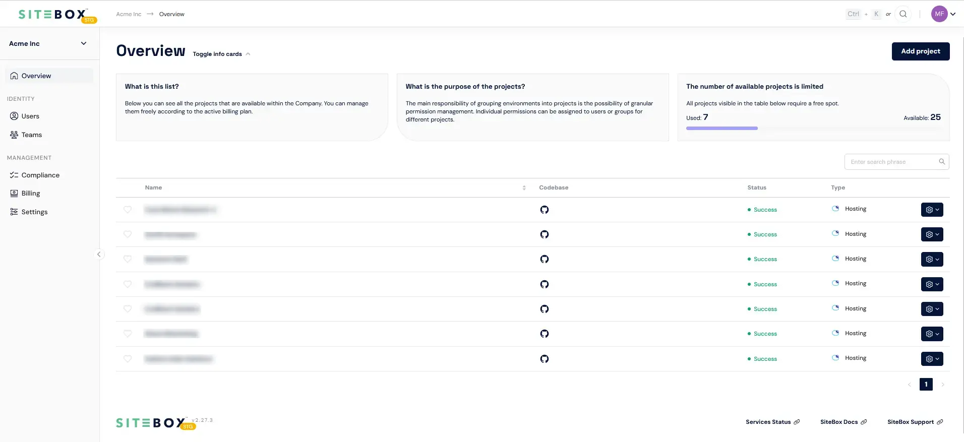Projects view in the SiteBox Dashboard