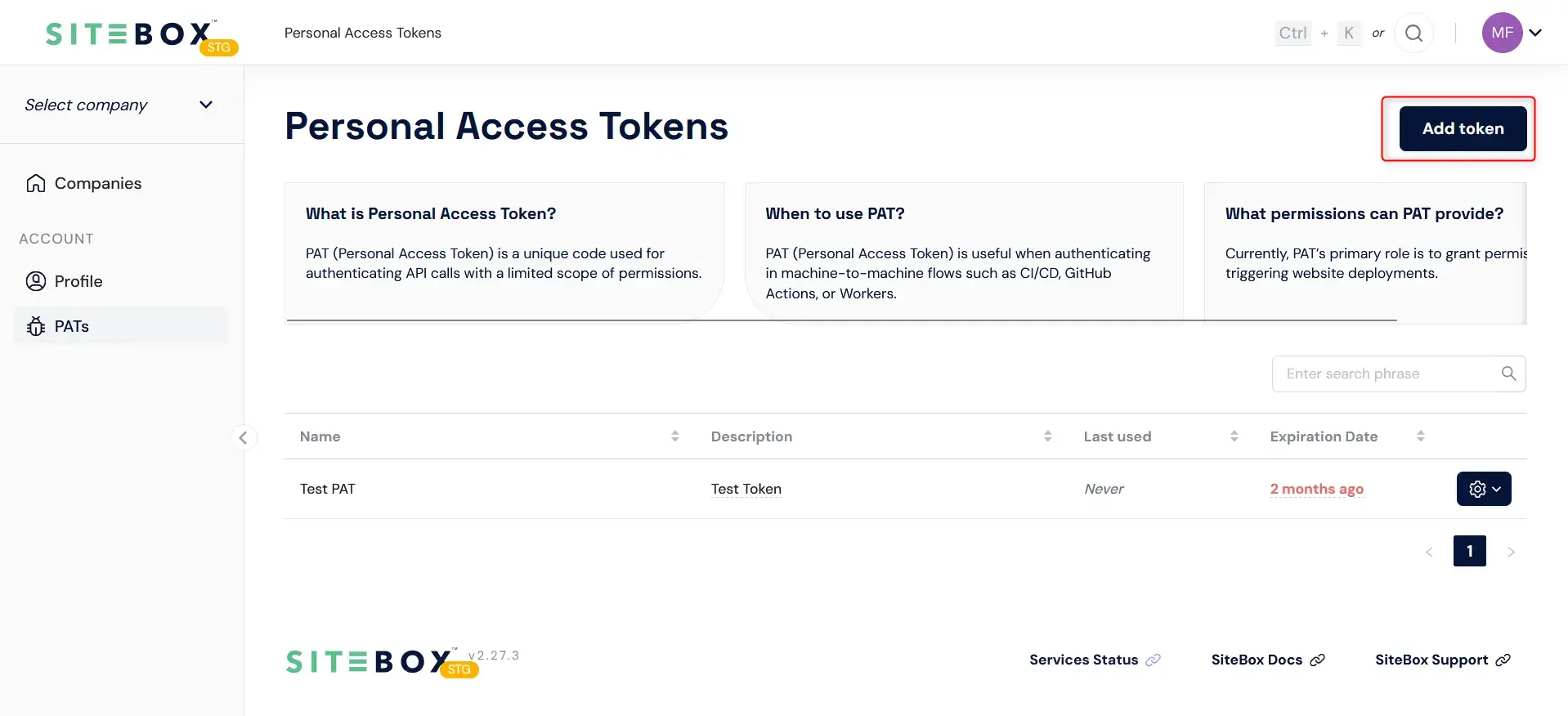 Add a new token button in the PAT settings page
