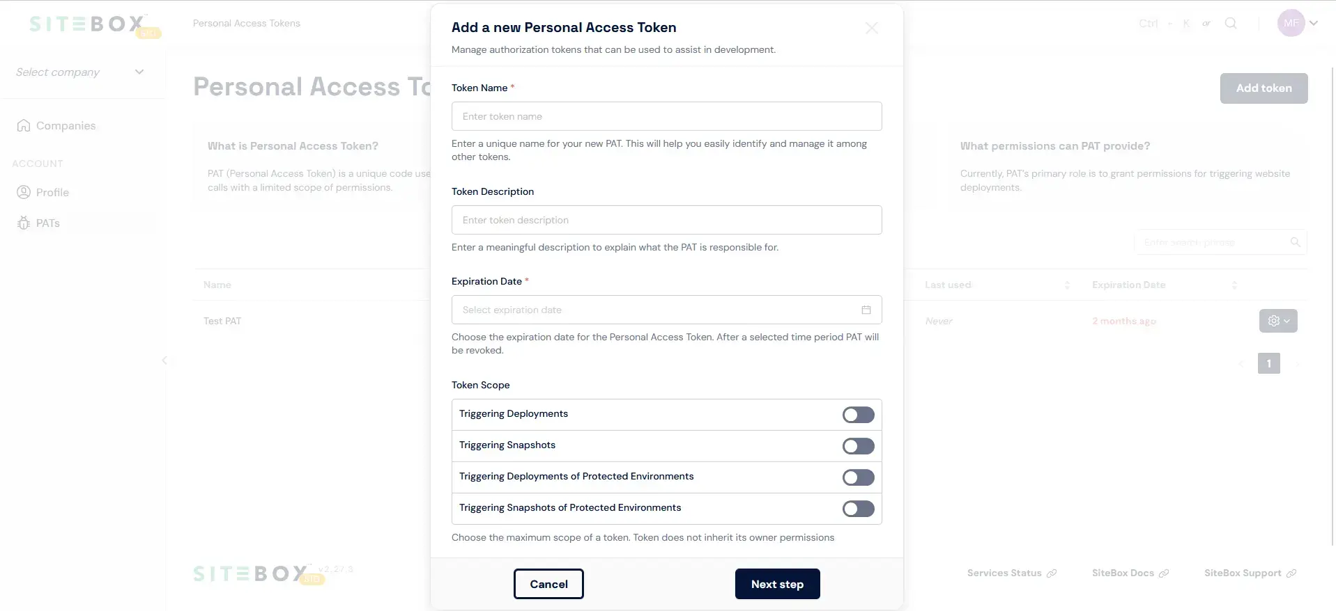 Create a new PAT form
