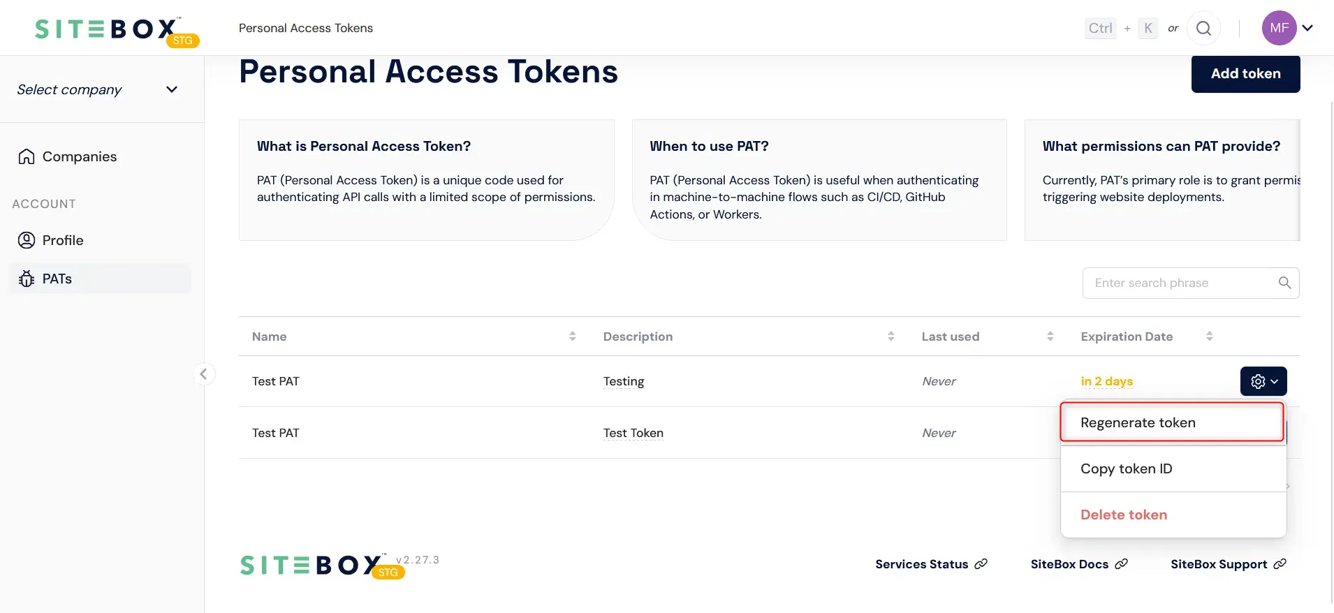 Regenerate token icon on PAT screen in SiteBox Dashboard