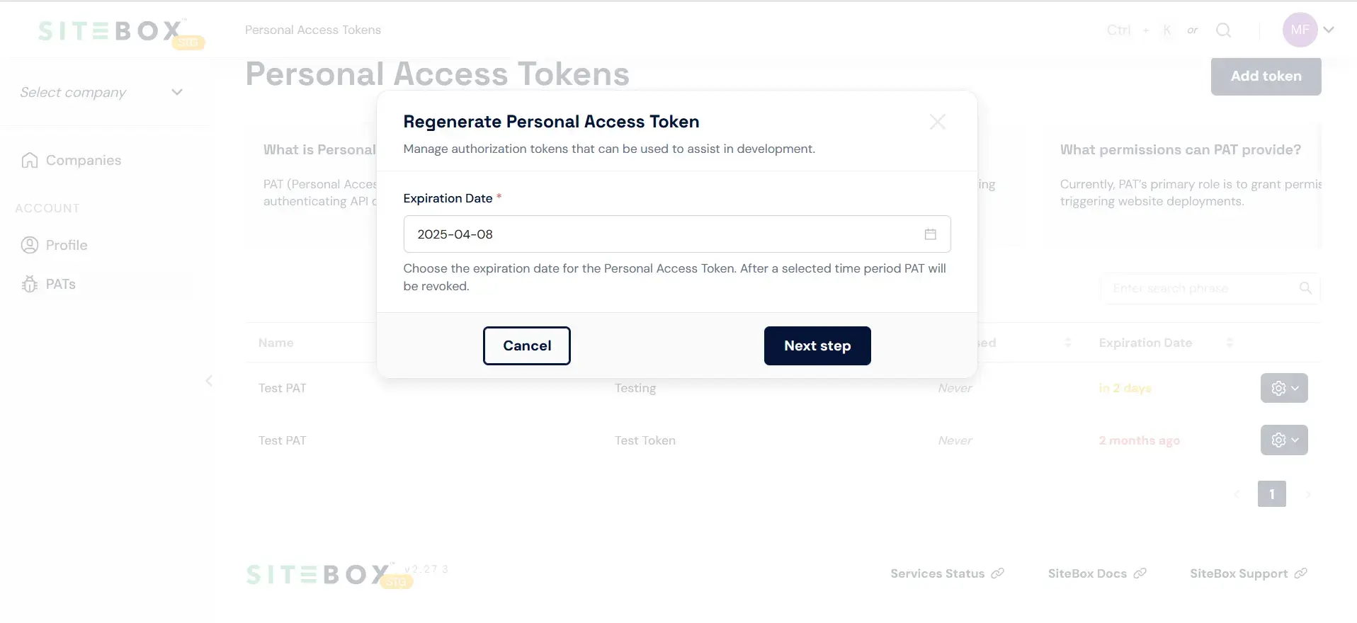 Regenerate token popup screen in SiteBox Dashboard