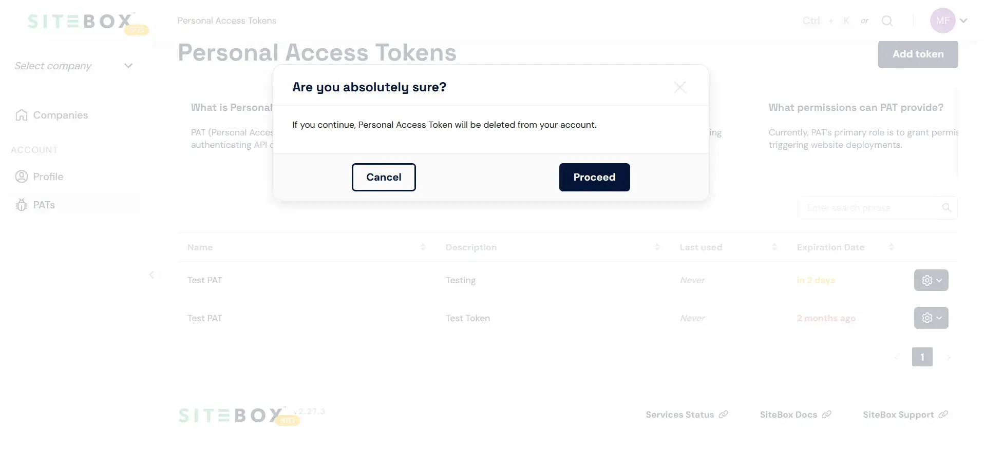Remove PAT confirmation modal