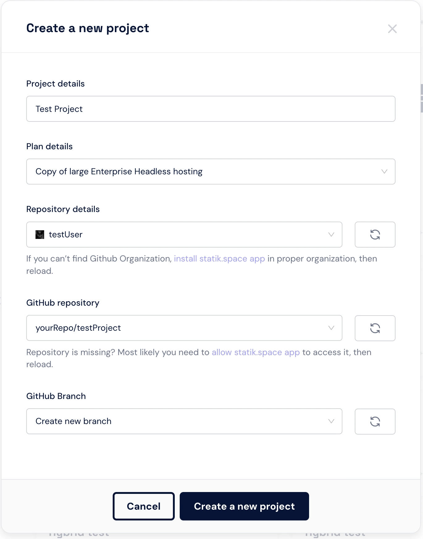 Creating new project modal