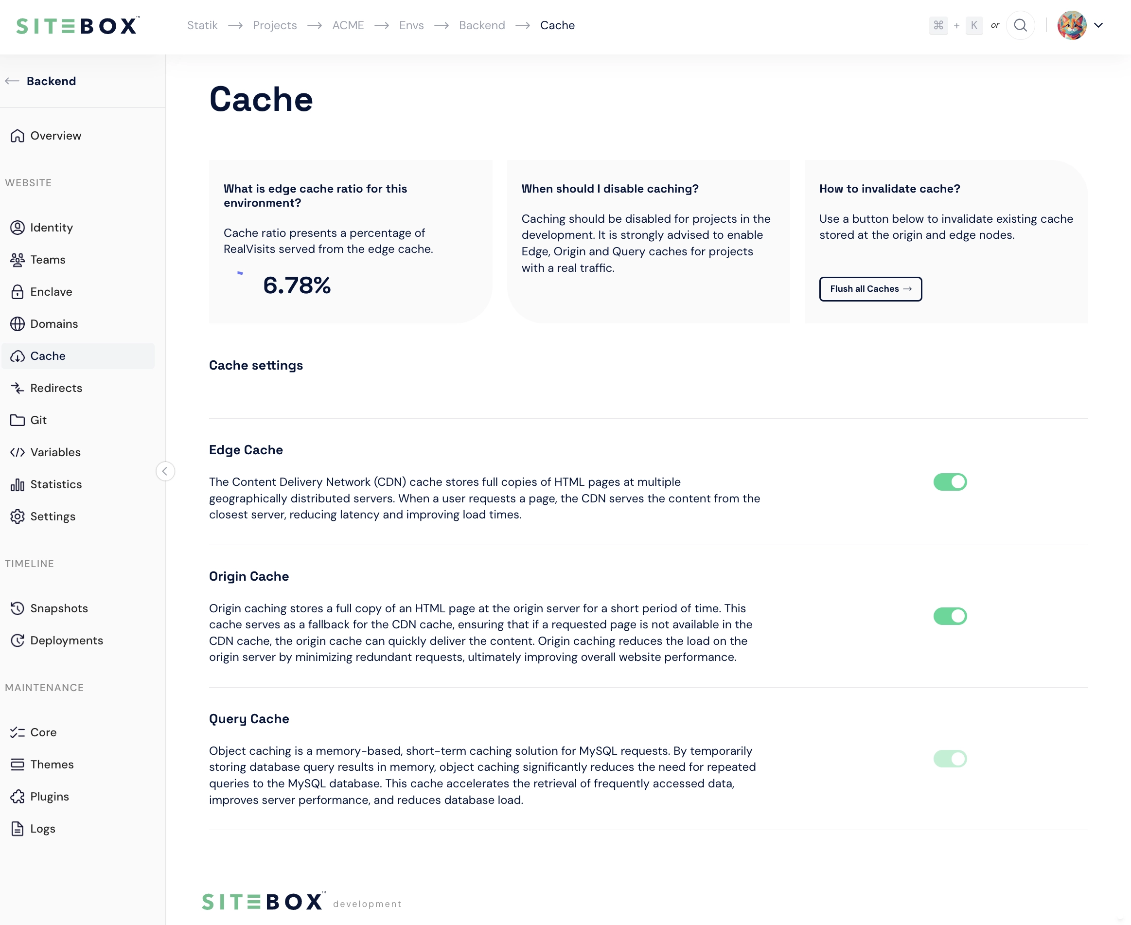 Cache management page