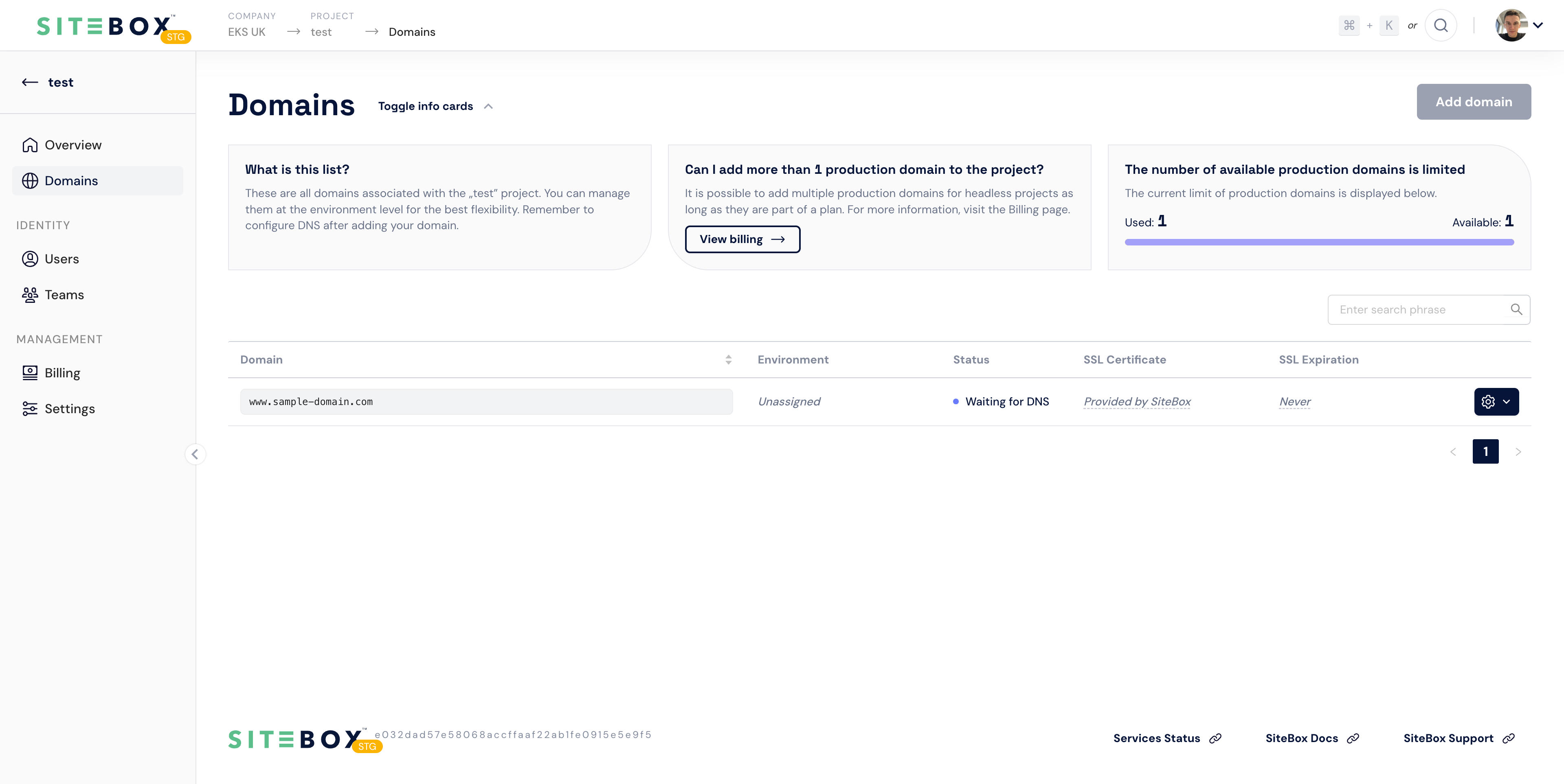 Domains management page
