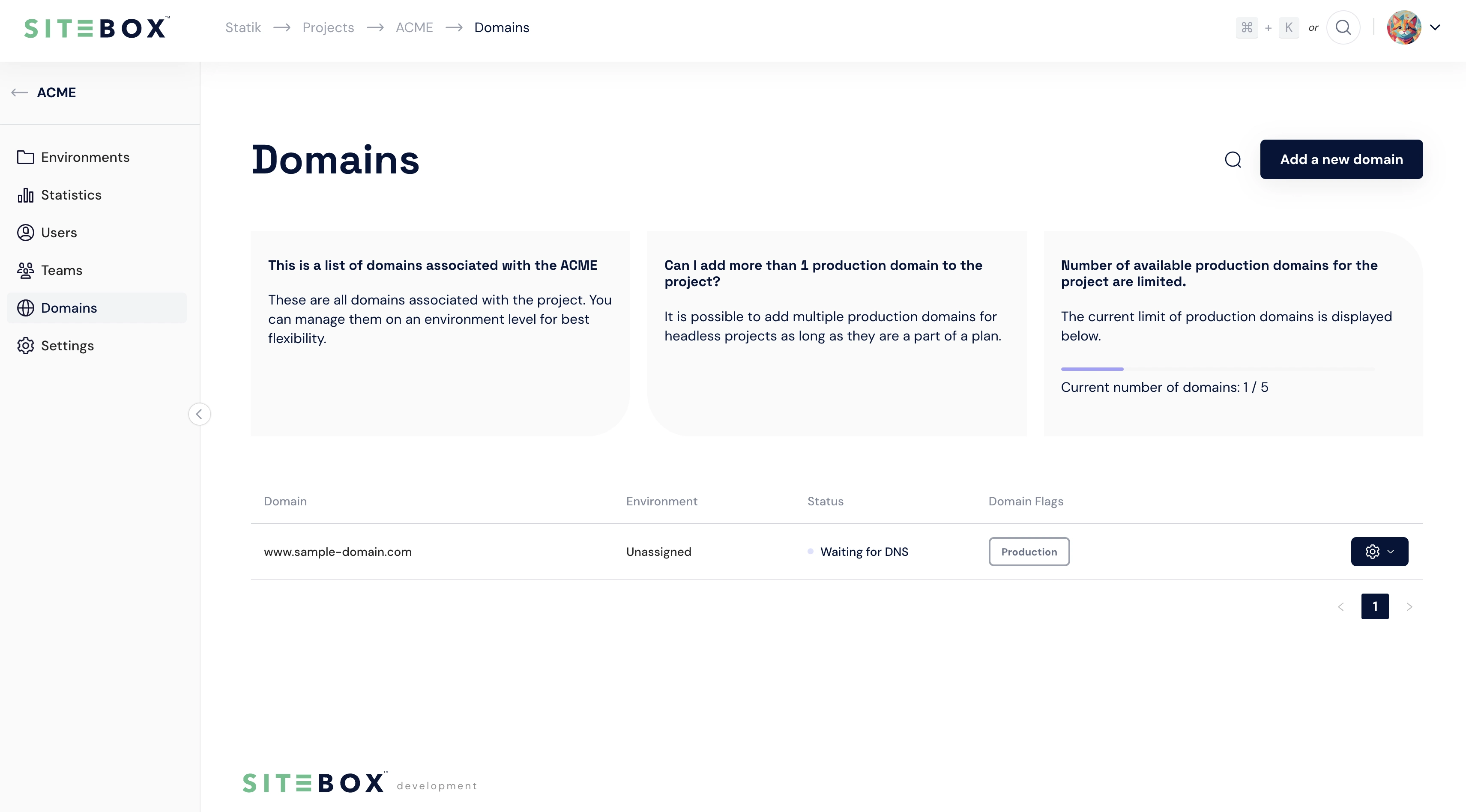 Domains management page