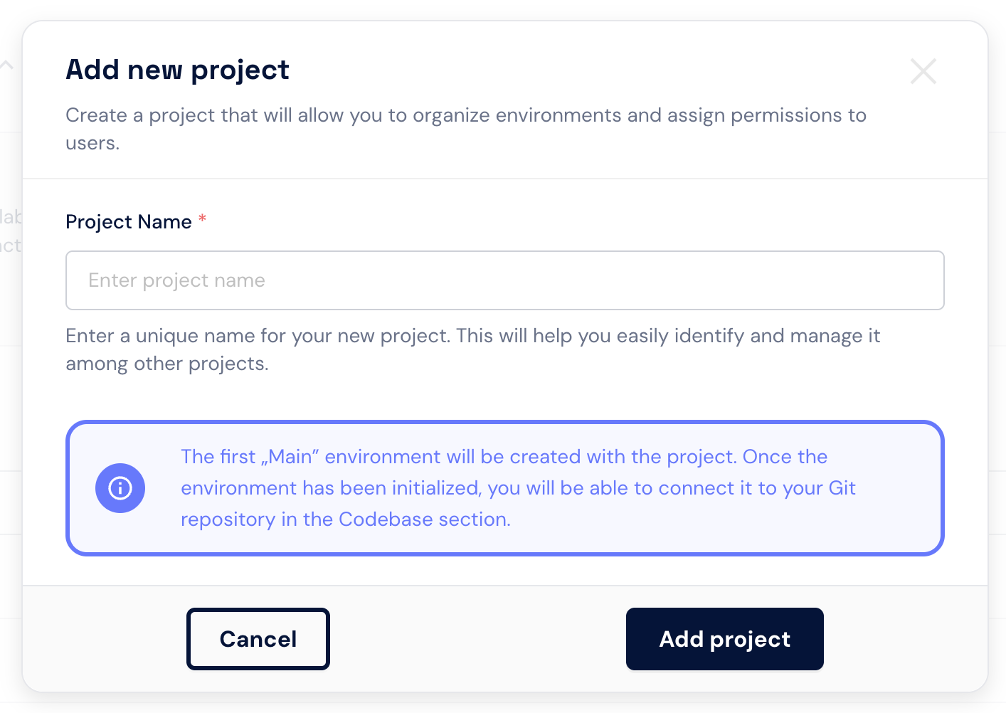 Creating new project modal