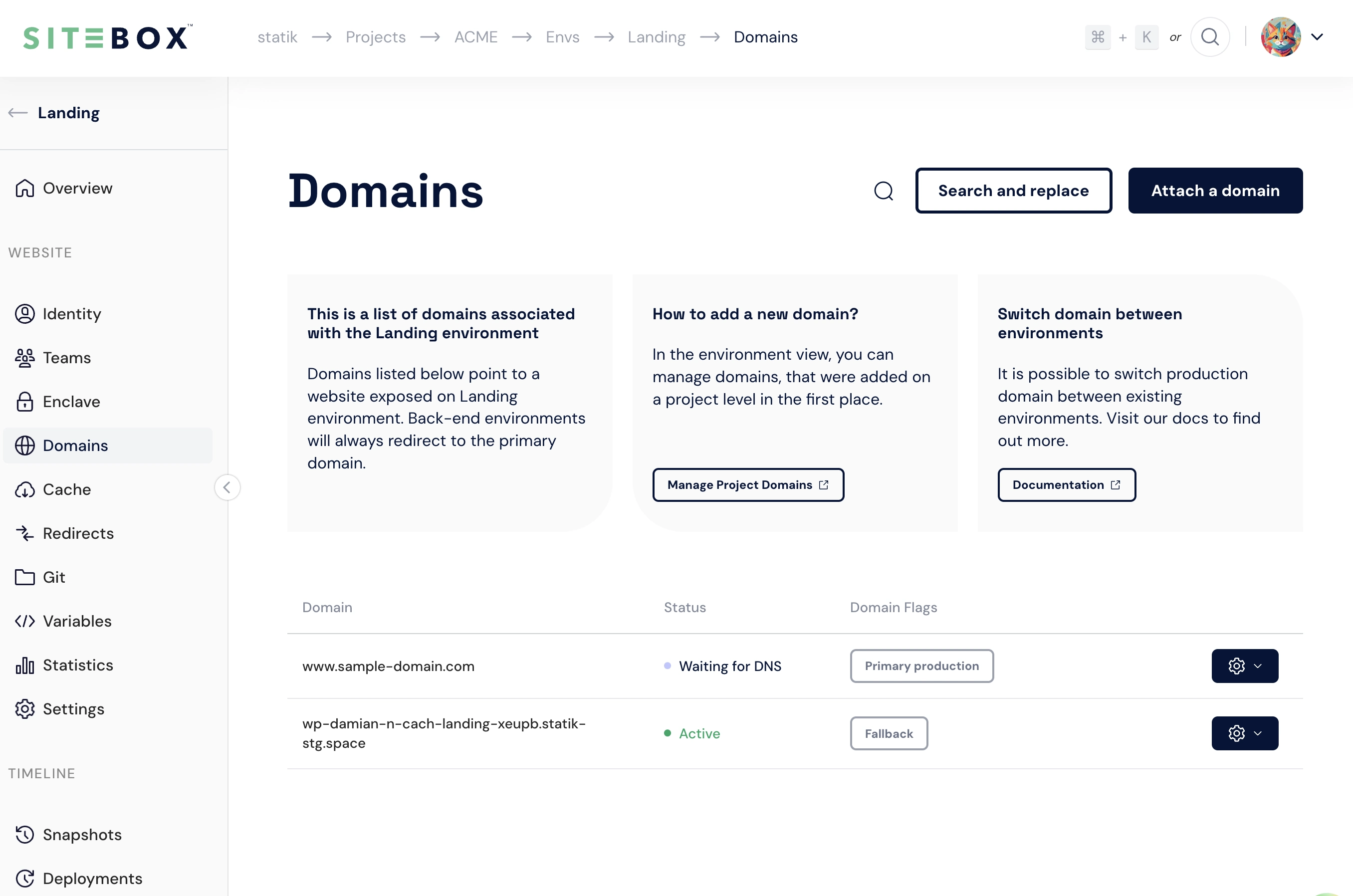 Domains list view