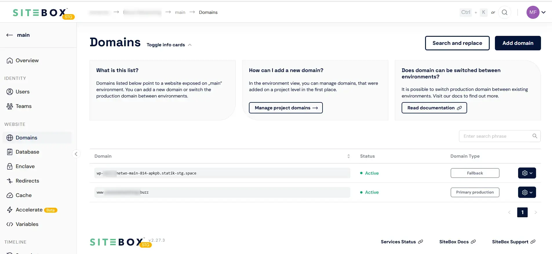 Domains list view