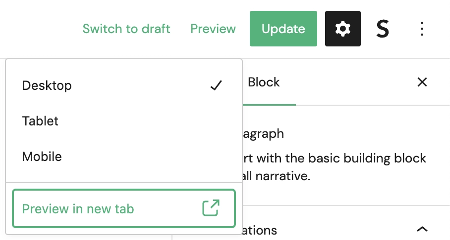 "Preview in new tab" drop down menu item in the Site Editor