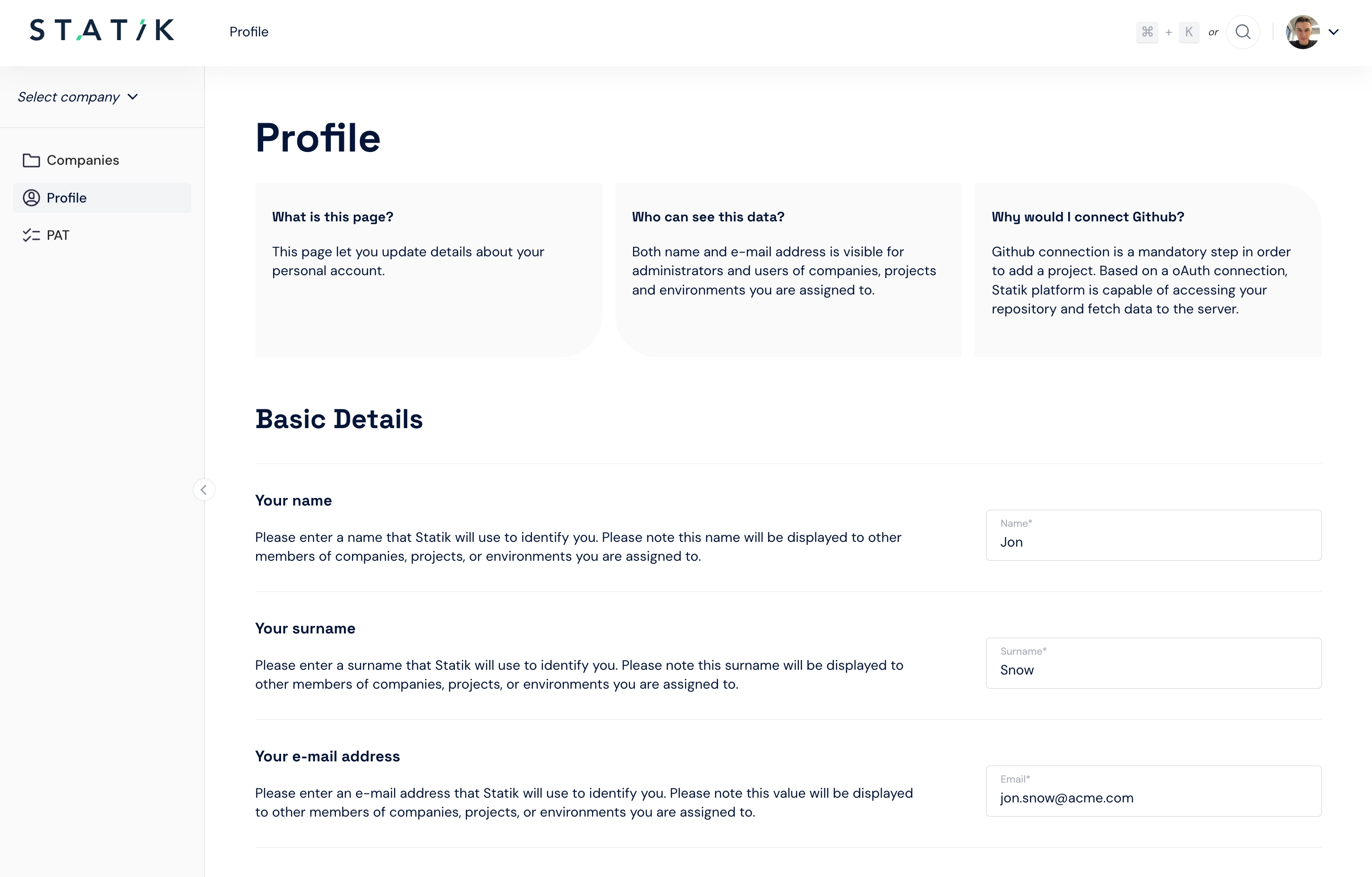 Profile page in SiteBox Dashboard