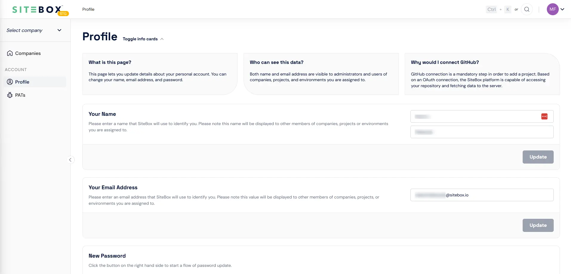 Profile page in SiteBox Dashboard