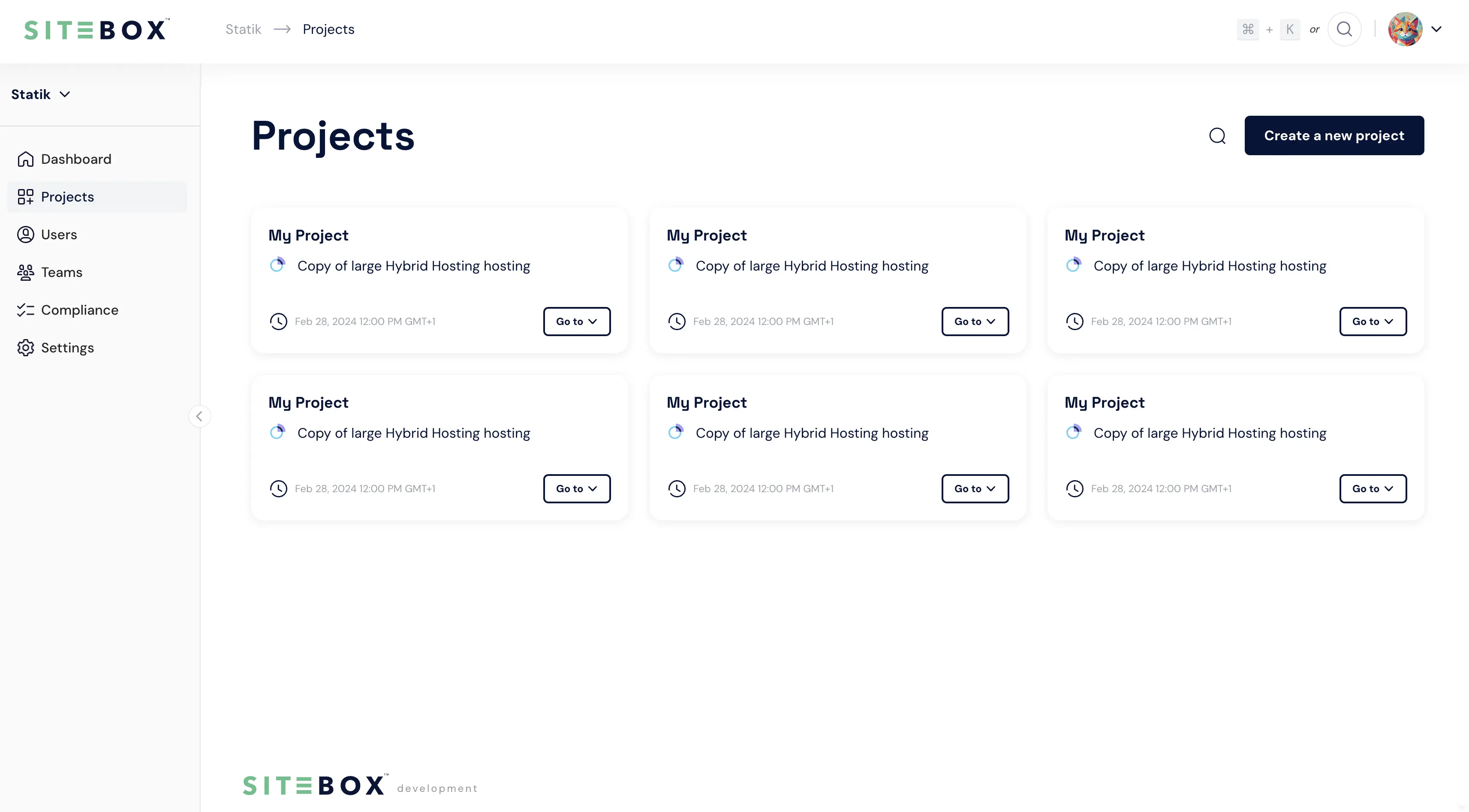 Projects view in the SiteBox Dashboard