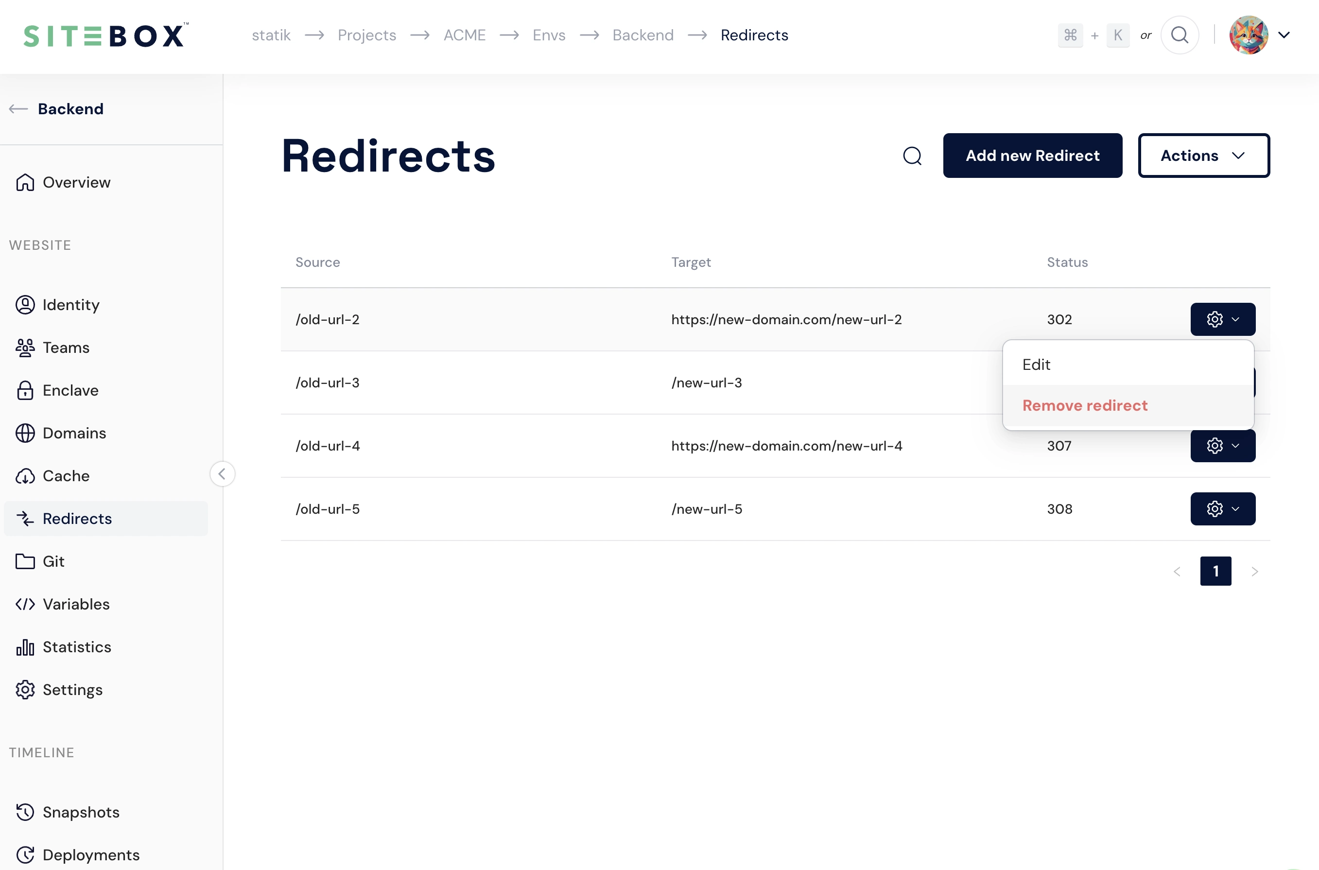 Delete redirect button in SiteBox Dashboard