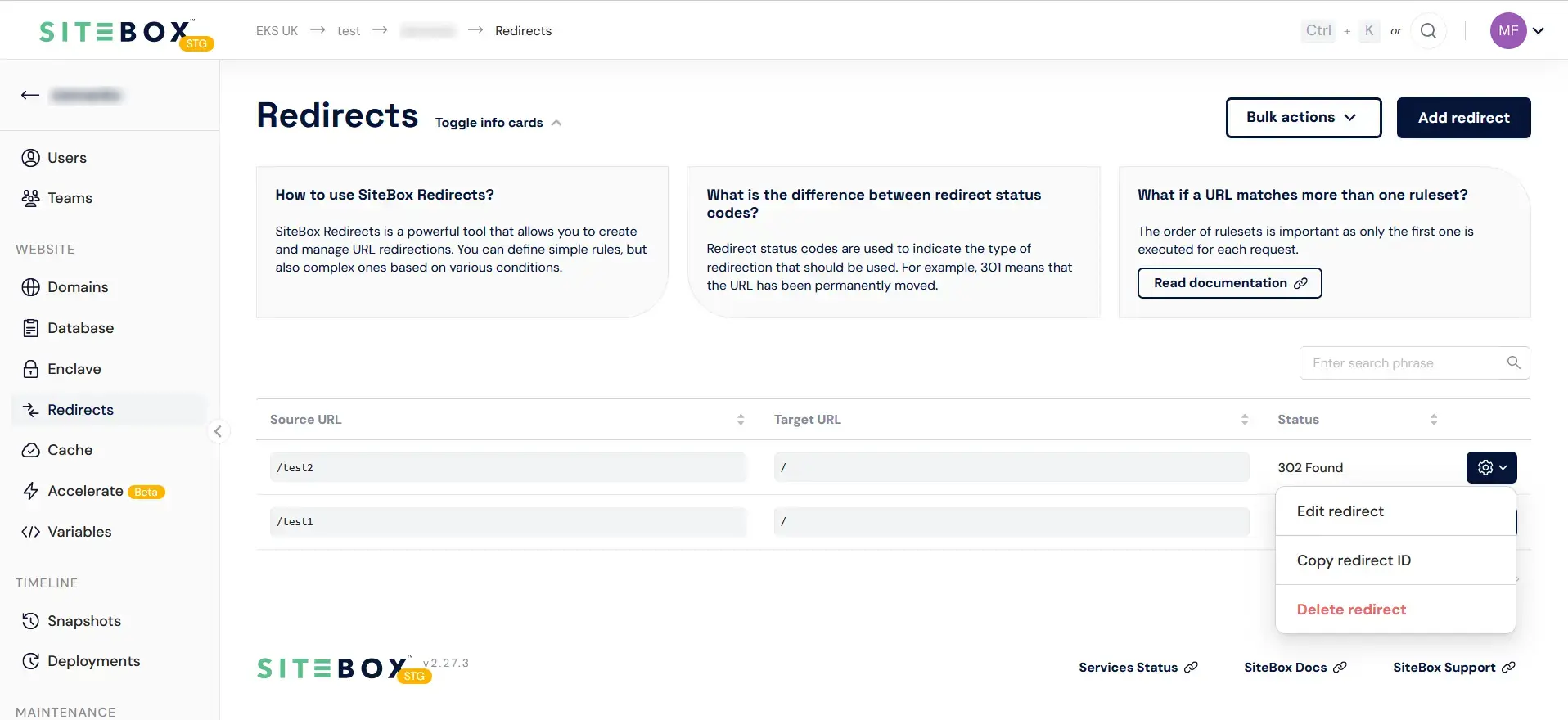 Delete redirect button in SiteBox Dashboard