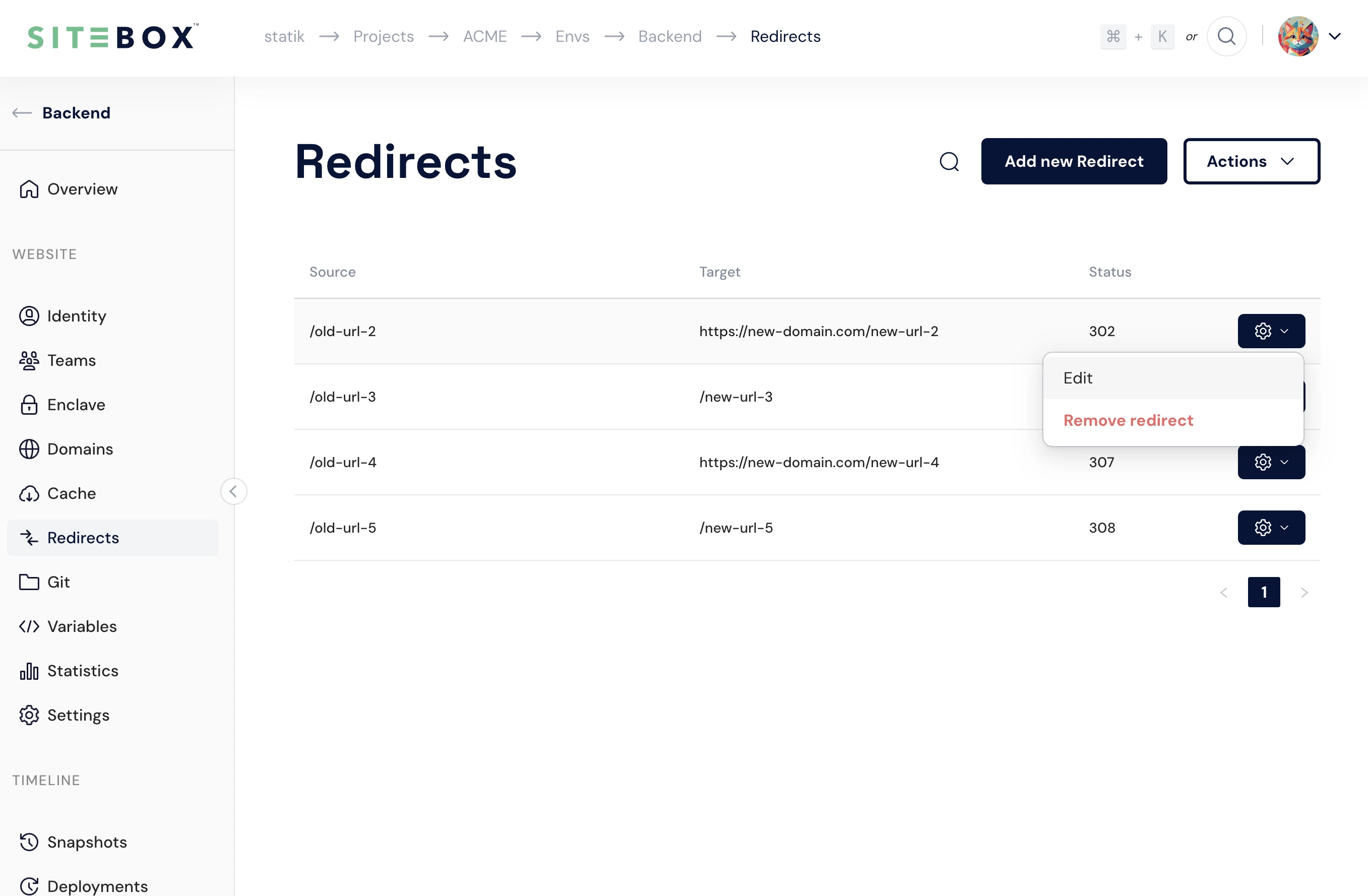 Edit redirect button in SiteBox Dashboard