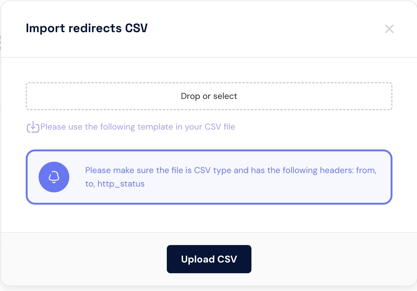 Redirects import form in the SiteBox Dashboard