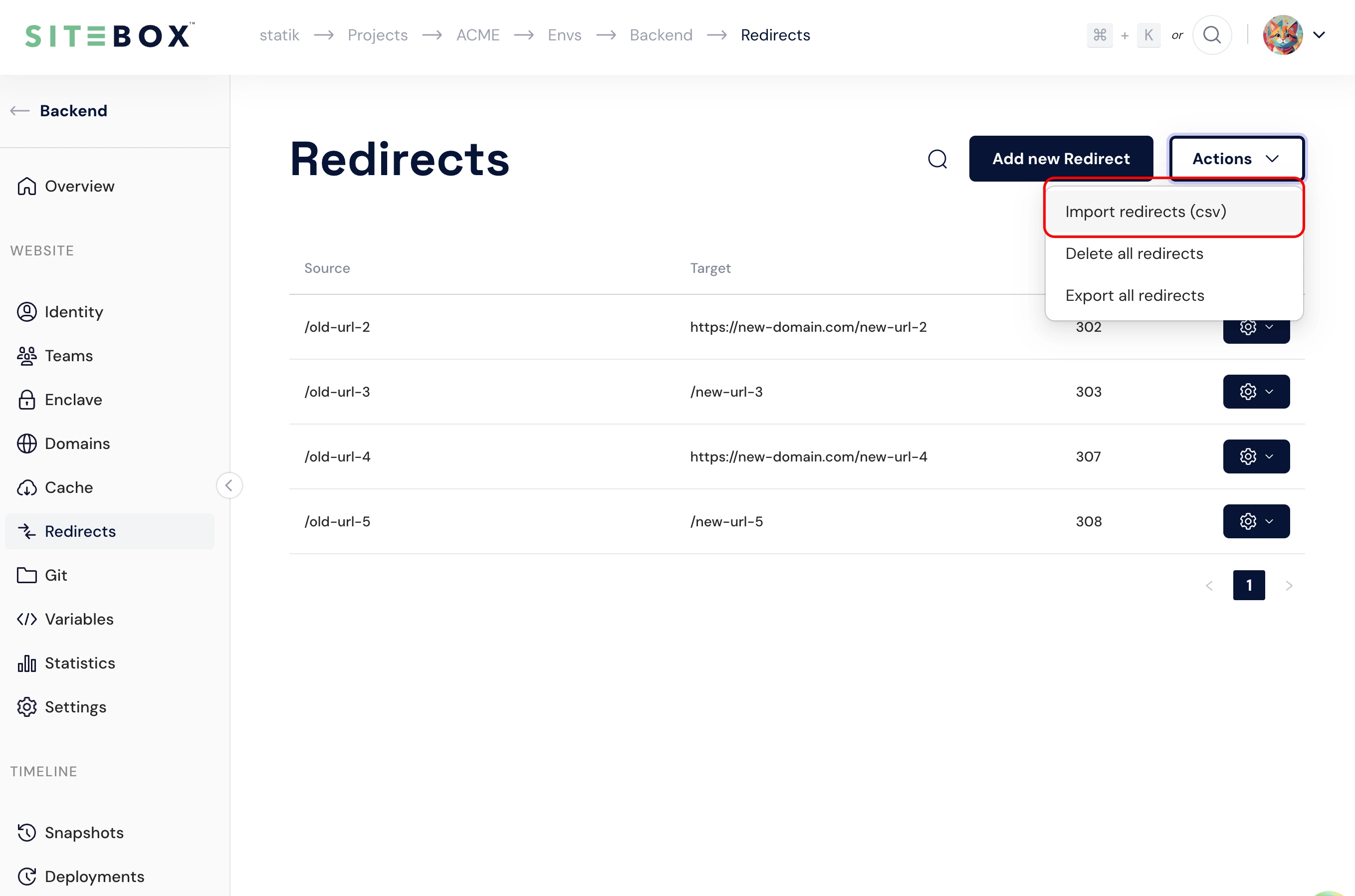 Redirects import button in the SiteBox Dashboard