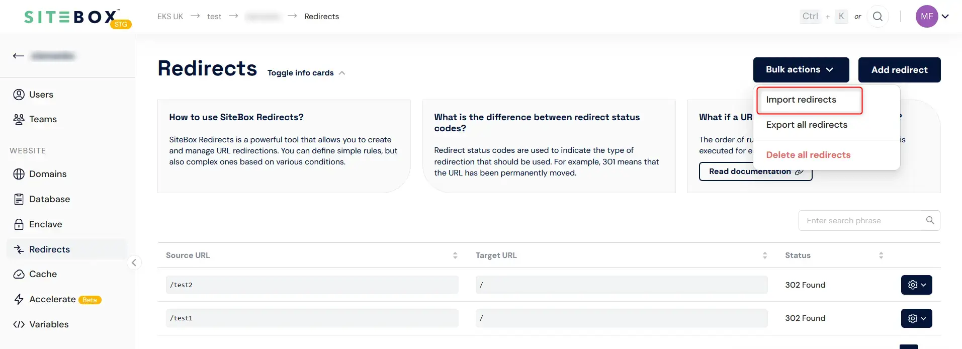 Redirects import button in the SiteBox Dashboard