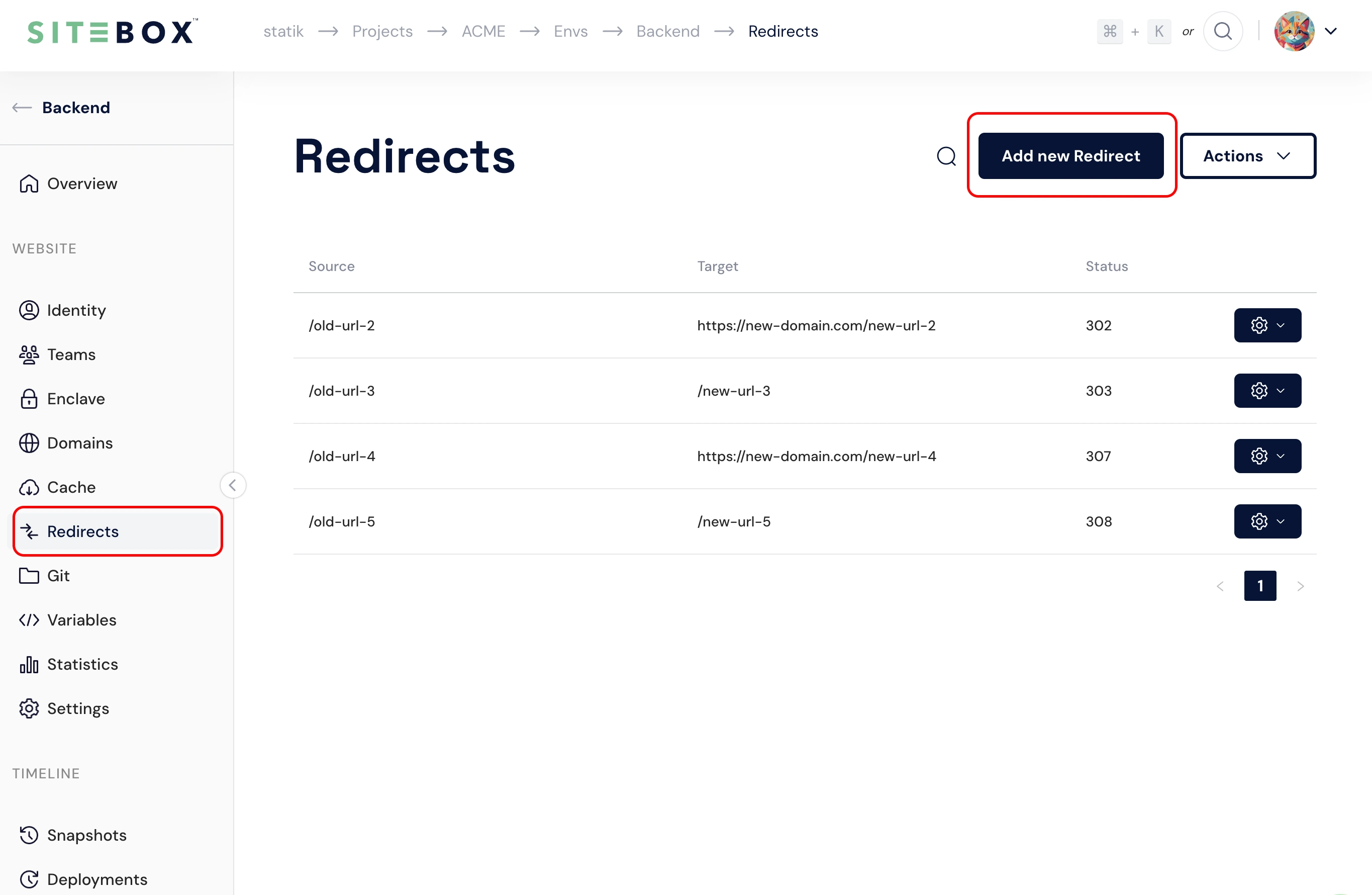 Redirects list in the SiteBox Dashboard