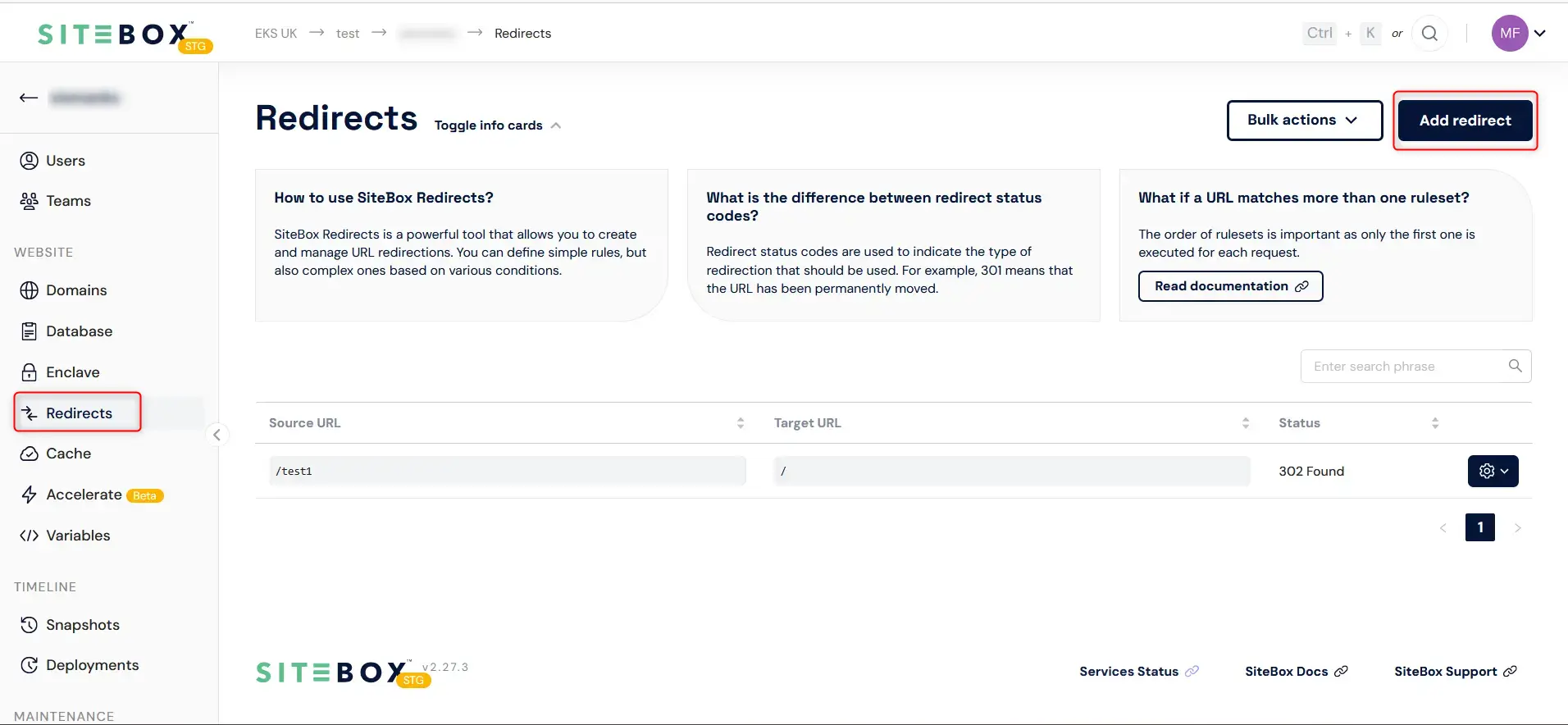 Redirects list in the SiteBox Dashboard