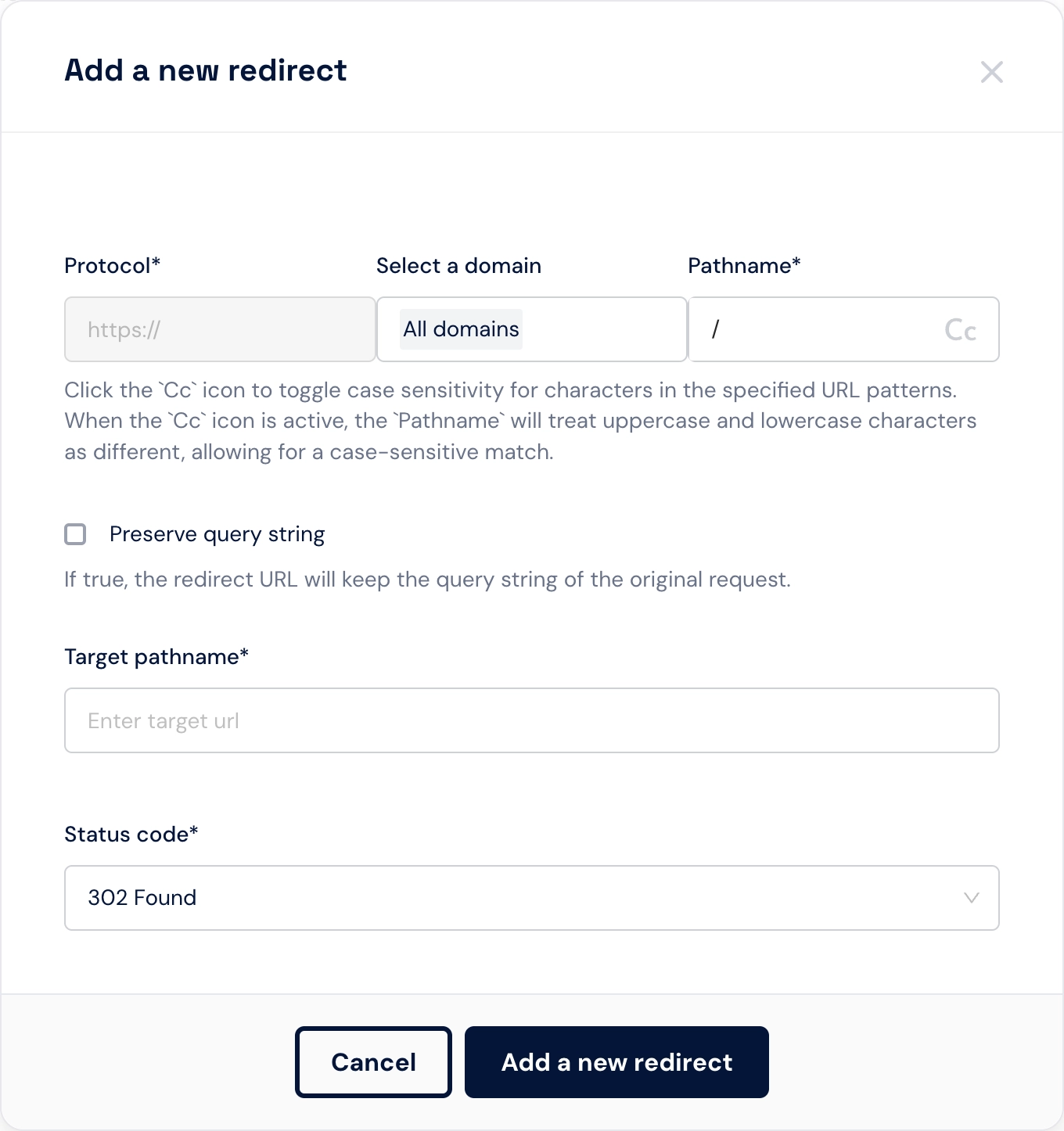 Add a new Redirect modal in the SiteBox Dashboard