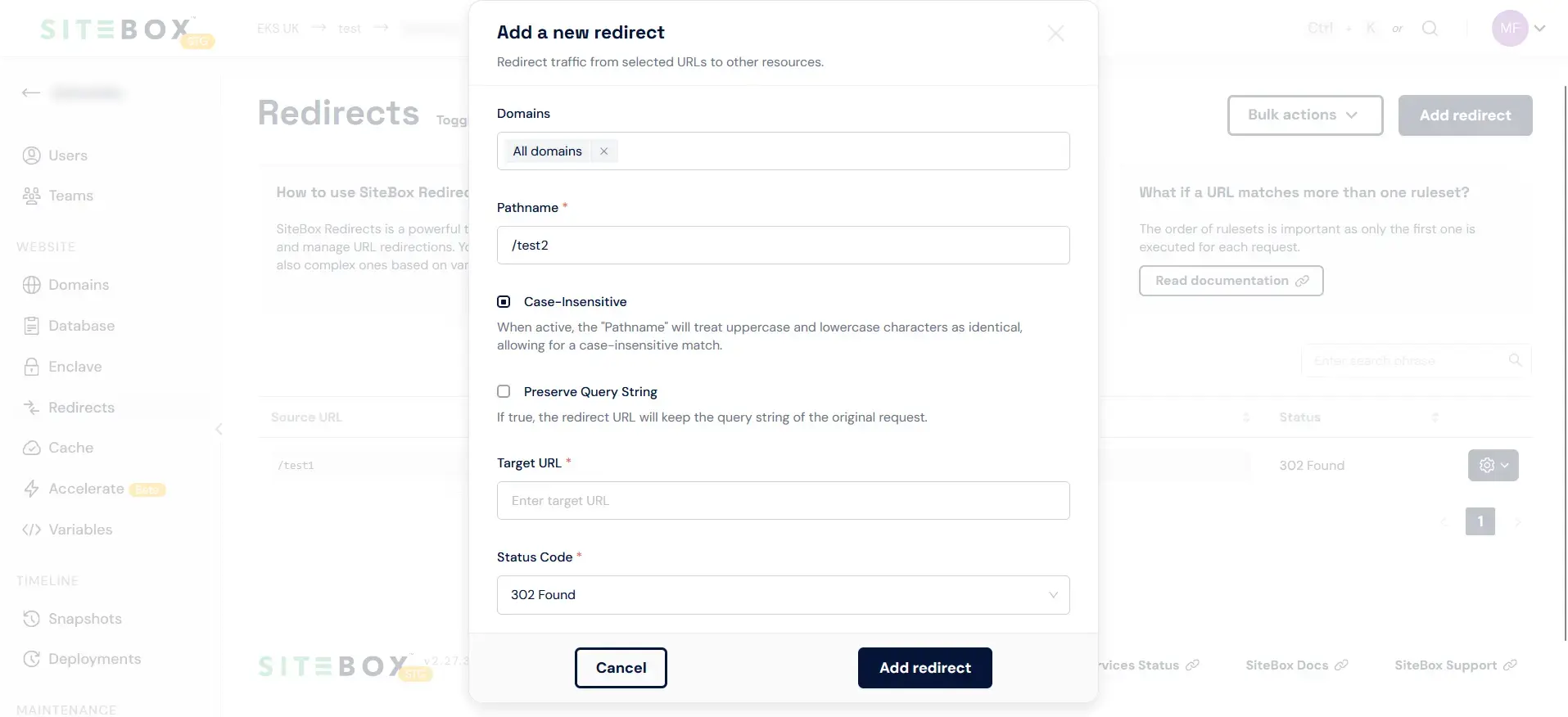 Add a new Redirect modal in the SiteBox Dashboard