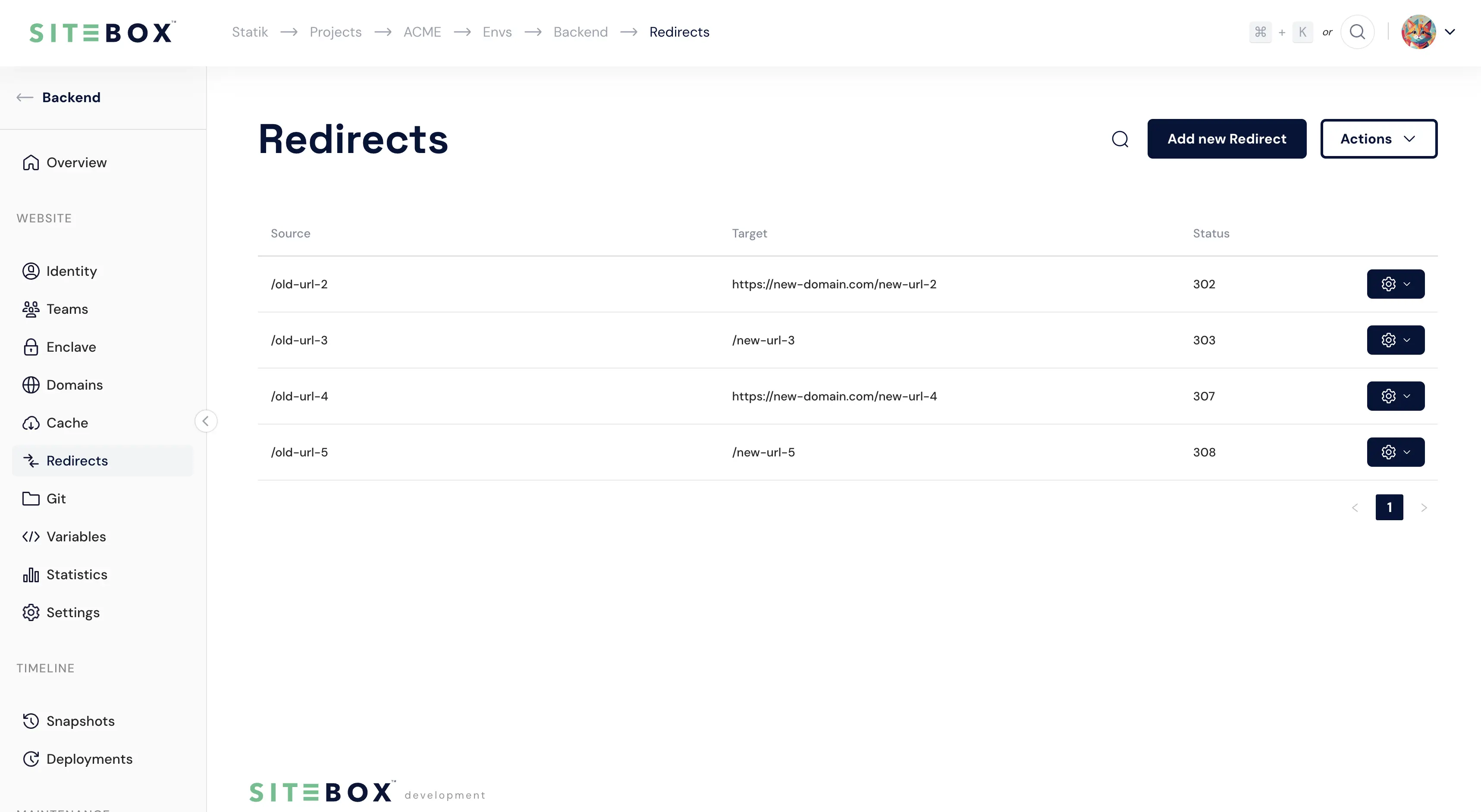 Redirects view in the SiteBox Dashboard