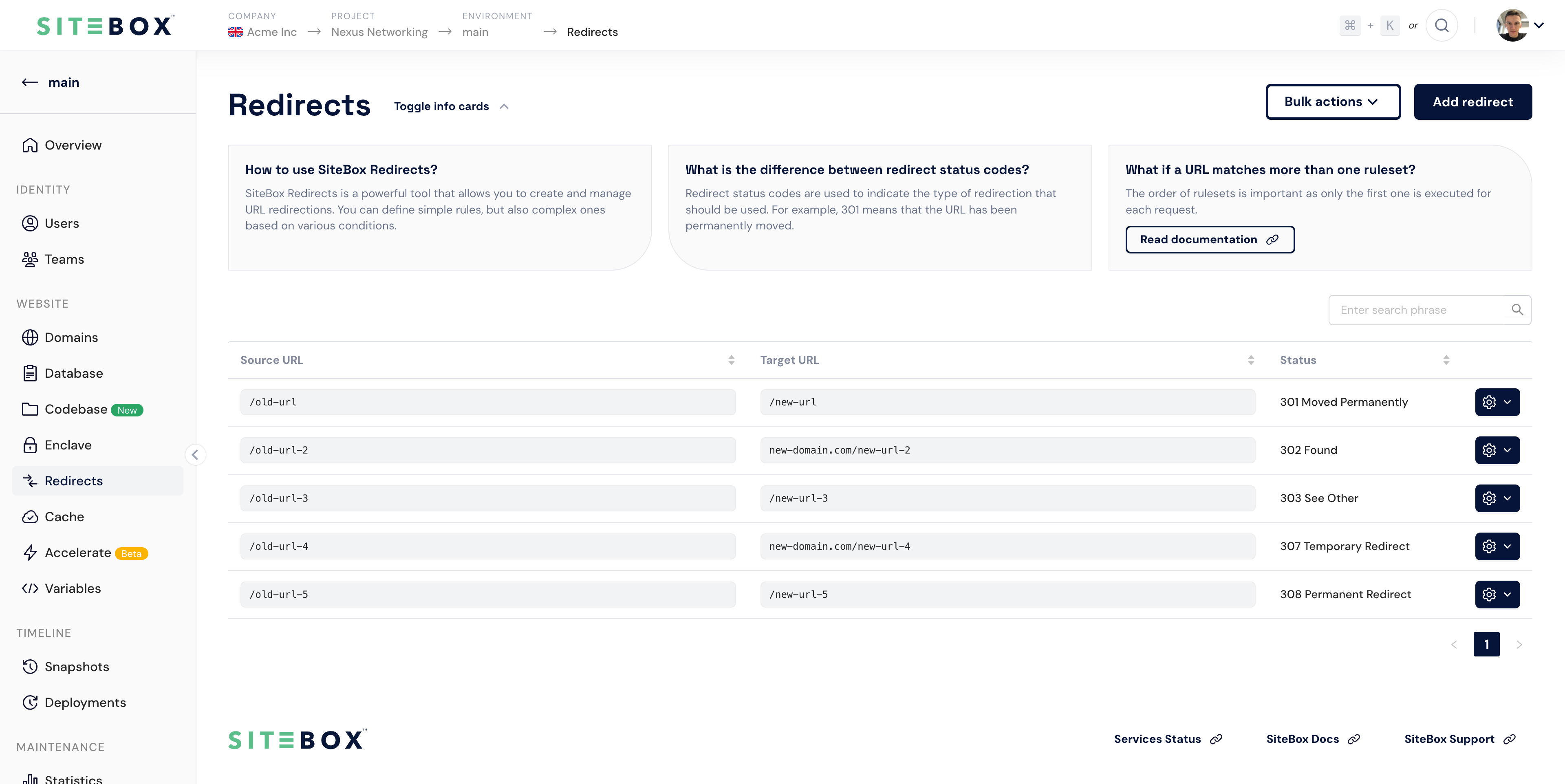 Redirects view in the SiteBox Dashboard