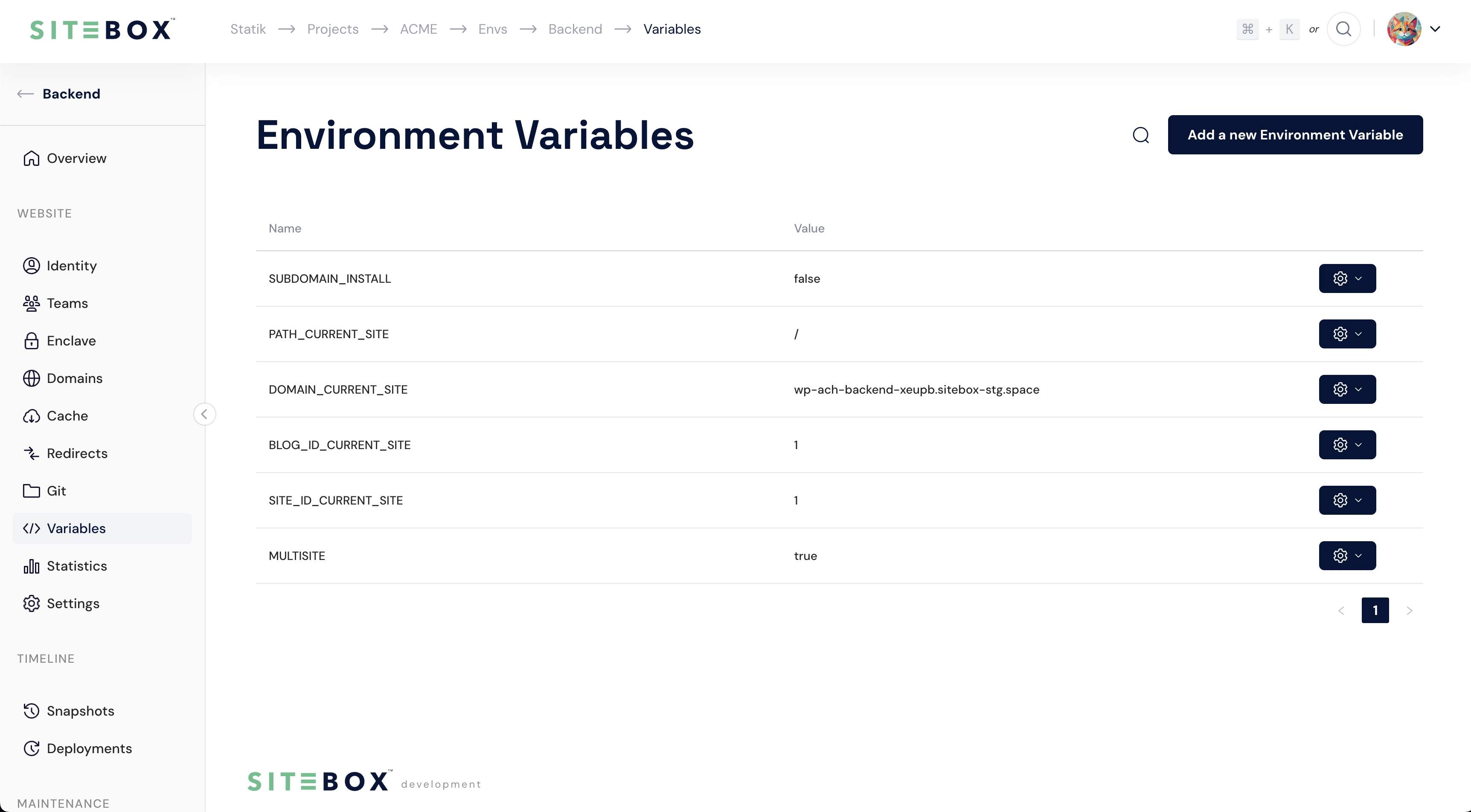 Variables management page