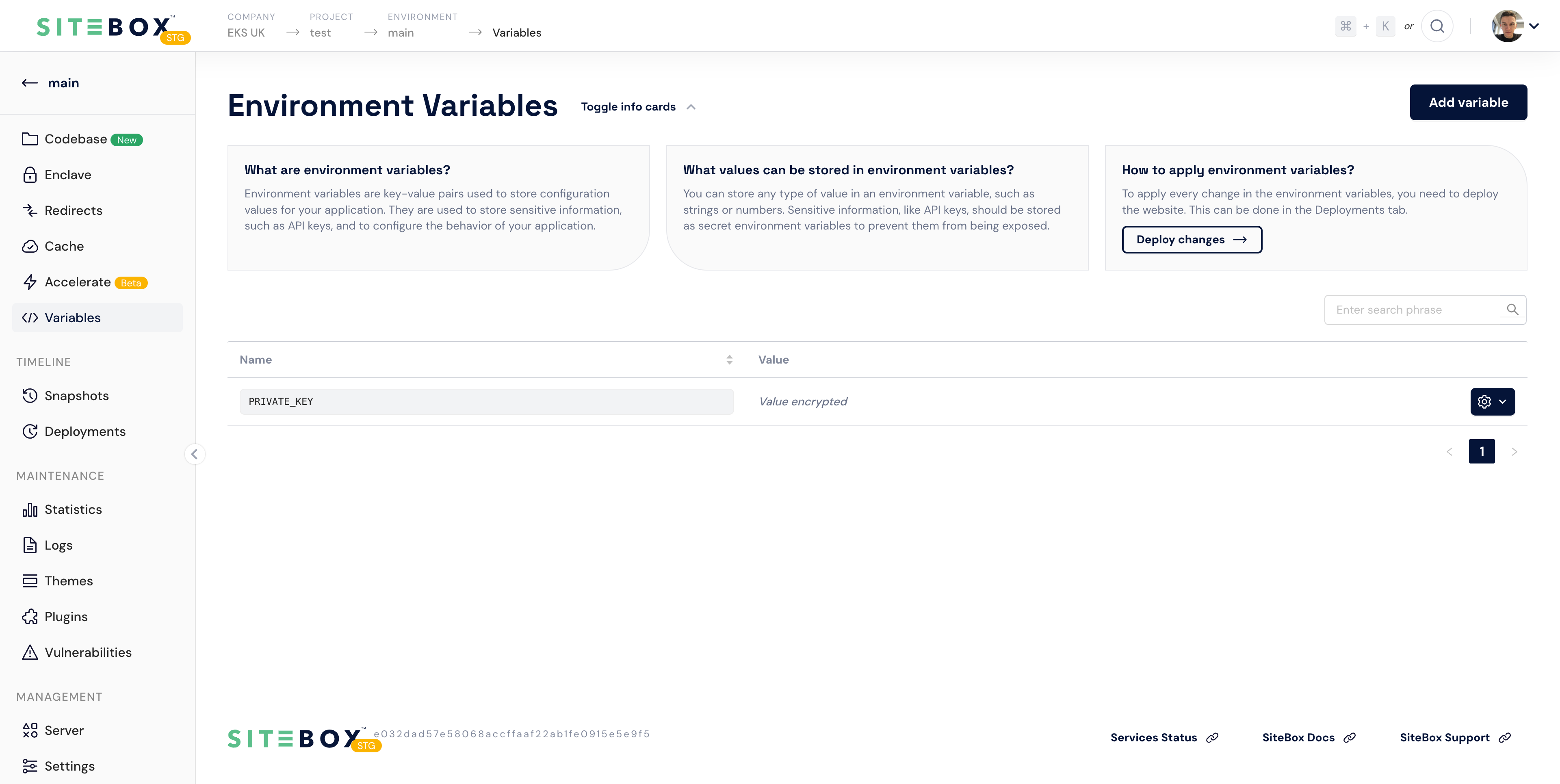Variables management page
