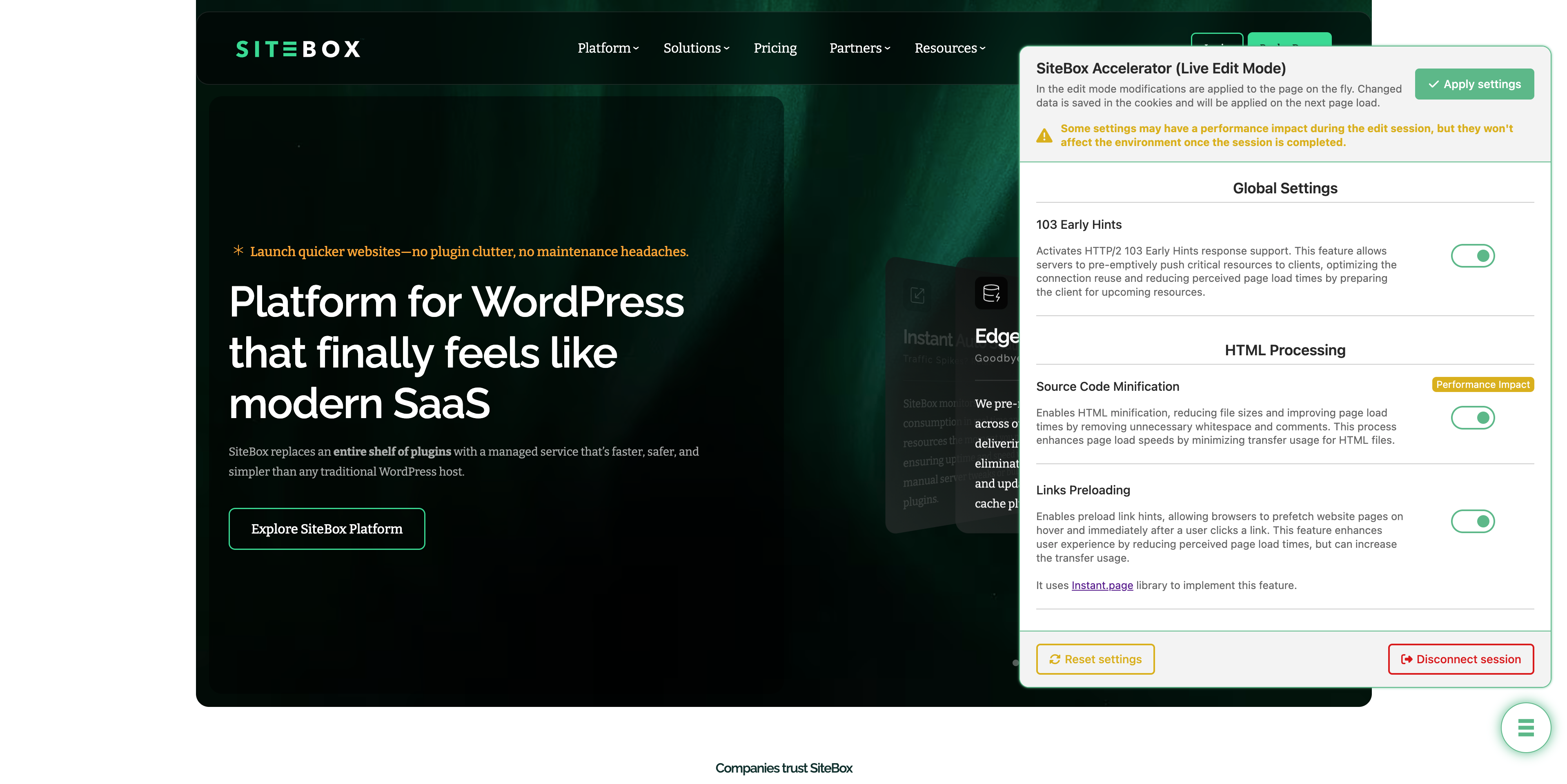 Edit mode on the website